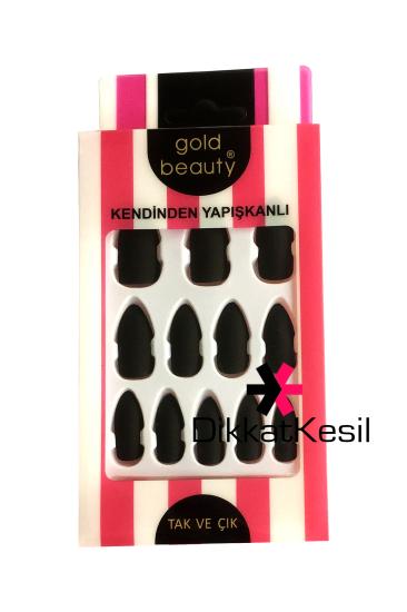 Kendinden Yapışkanlı Takma Tırnak, Gold Beauty Badem Tırnak, (Mat Siyah Takma Tırnak)