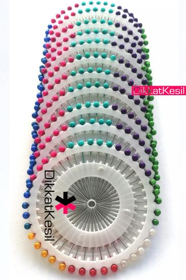 Renkli Plastik İnci Büyük Başlı Toptan Toplu İğne, 38 mm 40 lı Disk - 12 Adet